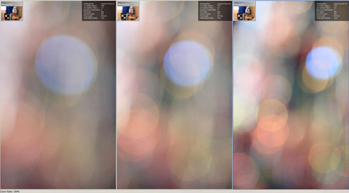 Кружки в зоне нерезкости, увеличение 100%. Слева направо - f/1.4, f/2.0, f/2.8